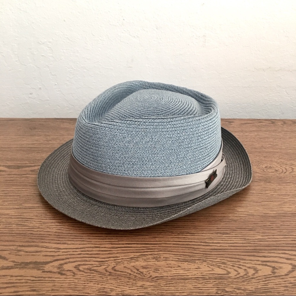 Biltmore Woven Straw Fedora Hat (Color:  Cold Lips Blue/Slate Gray)